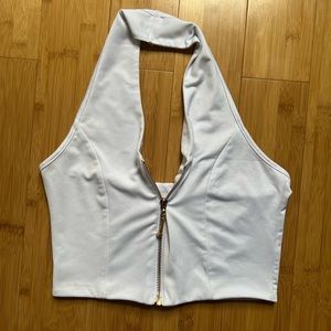 White zip up halter top.
